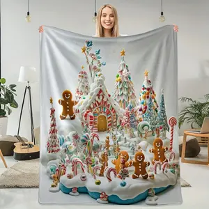 Christmas Snow Tree Flannel Blanket - Festive Gingerbread House & Candy Cane Print, All-Season Soft Cozy Throw for Sofa, Bed, Naps - Holiday Home Decor, Christmas Blanket, Seasonal Bedding, Cheerful Pattern,