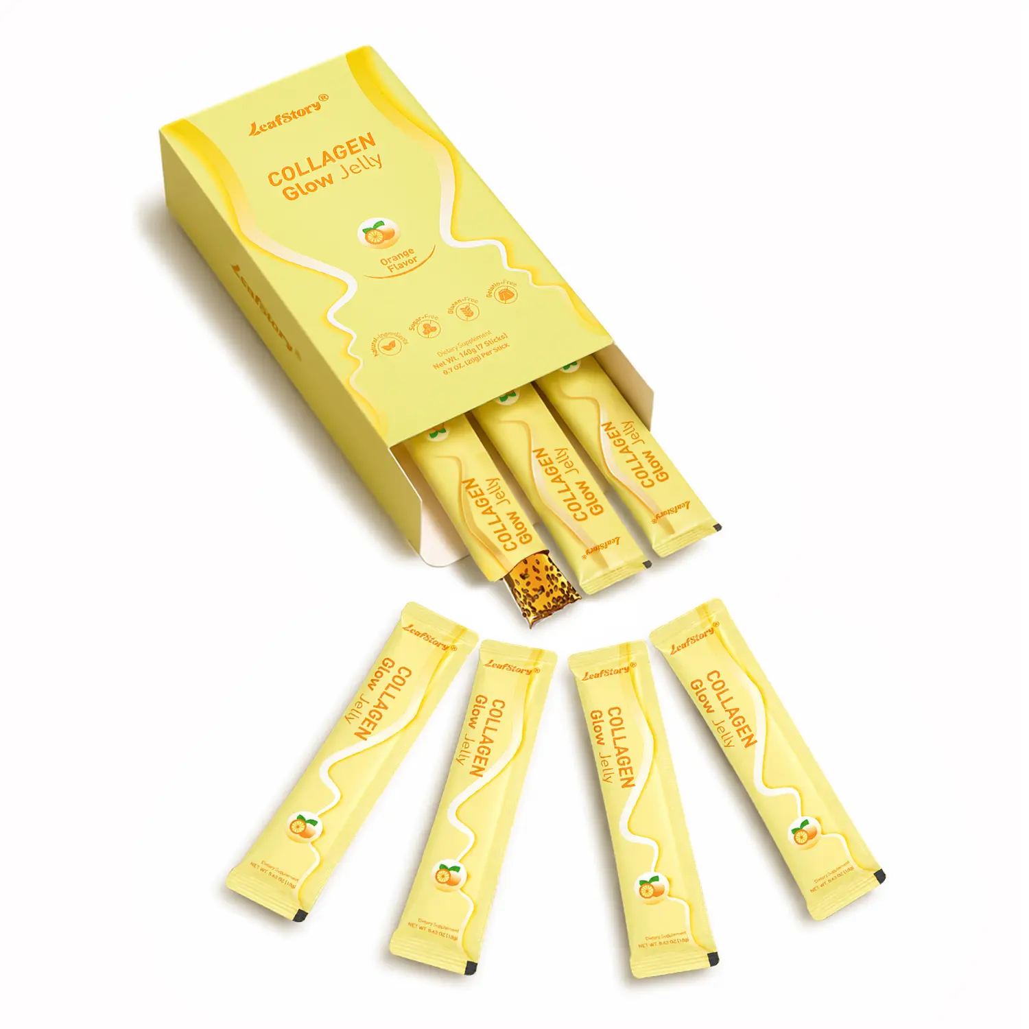 【Summer Clearance】LeafStory Collagen Glow Reset Jelly (7/12/14 Sticks): Orange Flavor, Collagen, Support Skin Health & Elasticity, Support Hair & Nails, Stress Relief & Nerve Health, Sugar-Free, Gluten-Free, Non-GMO, Gelatin-Free, Natural Ingredients-G