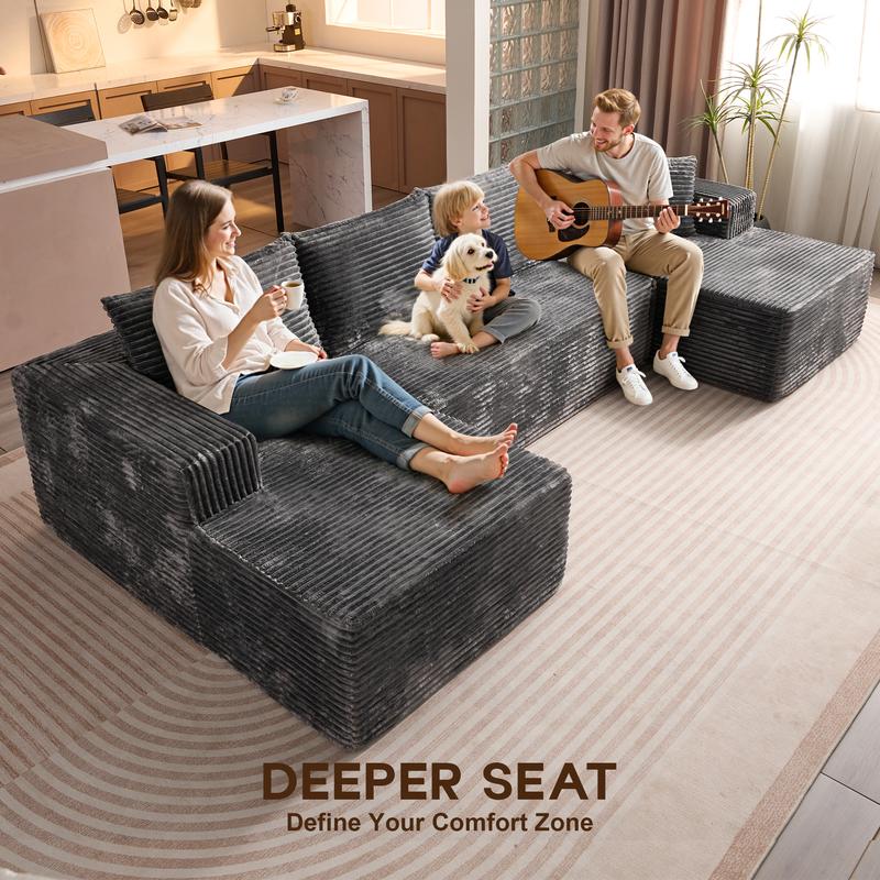 CAODOC Oversized 135" U Shape Cloud Couch Plus Sectional Sofa with Chaise Modern Modular Sofa with 6 Soft Pillows & Lounge Chairs Boneless Upholstered Couches for Living Room Bedroom Plush Corduroy Fabric