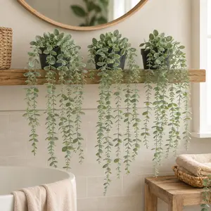 3Pcs Artificial Hanging Plants Gray Green Faux Potted Eucalyptus Vines 60cm Trailing Greenery in Black Pots for Bathroom Wall Shelf Living Room Office Desk Boho Home Decor Indoor