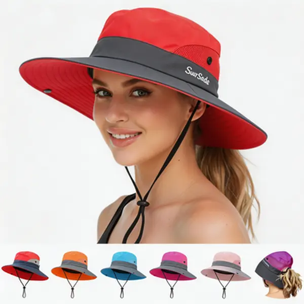 Women Ponytail Sun Hat,UPF 50+ Polyester Breathable Mesh Wide Brim,2 Wear Styles Foldable Portable,Adjustable Chin Drawstring Elastic Buckle,for Beach,Fishing,Hiking,Travel,Cycling Use