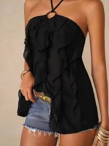 SOLEMN Ruffled Halter Neck Decorative Sexy Island Vacation Style Blouse, Spring/Summer