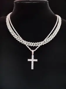 Unisex Fashion Cross Pendant Necklace & Cuban Chain Necklace, Cross Charm Necklace, Artificial Zircon Decor Necklace for Party, Daily Decor, Trendy All-match & Exquisite Jewelry for Birthday Gift