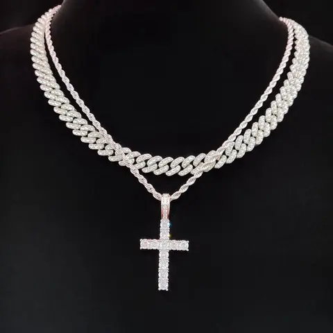 Unisex Fashion Cross Pendant Necklace & Cuban Chain Necklace, Cross Charm Necklace, Artificial Zircon Decor Necklace for Party, Daily Decor, Trendy All-match & Exquisite Jewelry for Birthday Gift, Cross Chain Design, Cross Necklaces, Decorative Necklace