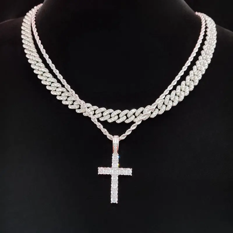 Unisex Fashion Cross Pendant Necklace & Cuban Chain Necklace, Cross Charm Necklace, Artificial Zircon Decor Necklace for Party, Daily Decor, Trendy All-match & Exquisite Jewelry for Birthday Gift, Cross Chain Design, Cross Necklaces, Decorative Necklace