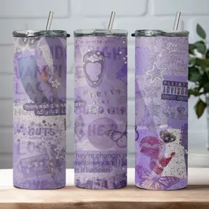Olivia 20oz Stainless Steel Billie Tumbler Water Bottle Cup with Silicone Bottom Metal Straw & Straw Cleaner Portable Reusable Drinkware Lightweight Skinny Mug Featuring Purple Music Theme Design