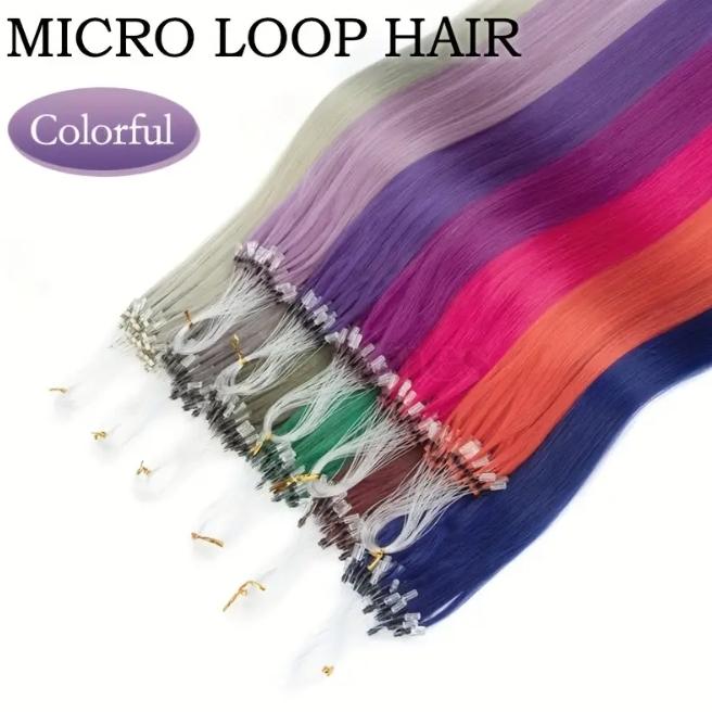 50pcs 30g Micro Loop Human Hair Extensions, Natural Straight, No Glue Easy Install, Vibrant Red Pink Green Blue Purple Gray, 12-28 Inches for Women Daily & Festive Hairstyles
