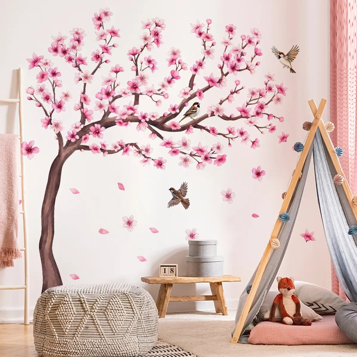 A set of two (30*90cm*2pcs) creative hand-painted peach blossom tree, pink flowers and bird Floral Pattern Flower Design Decorative Wall Sticker spring wall stickers for living room and bedroom decoration background wall decals (M12039-YX)