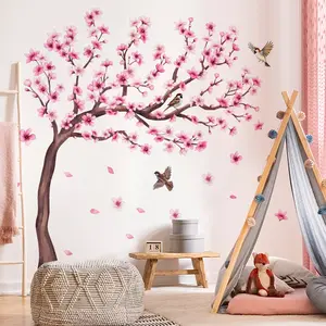A set of two (30*90cm*2pcs) creative hand-painted peach blossom tree, pink flowers and bird spring wall stickers for living room and bedroom decoration background wall decals (M12039-YX)