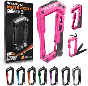 Multitool Carabiner with Pocket Knives, EDC Carabiners, Folding Serrated Knife, Can Bottle Opener, Rope Cutter, Screwdriver, Keychain Knife for Camping Hiking, Gifts for Women/Men (Pink)