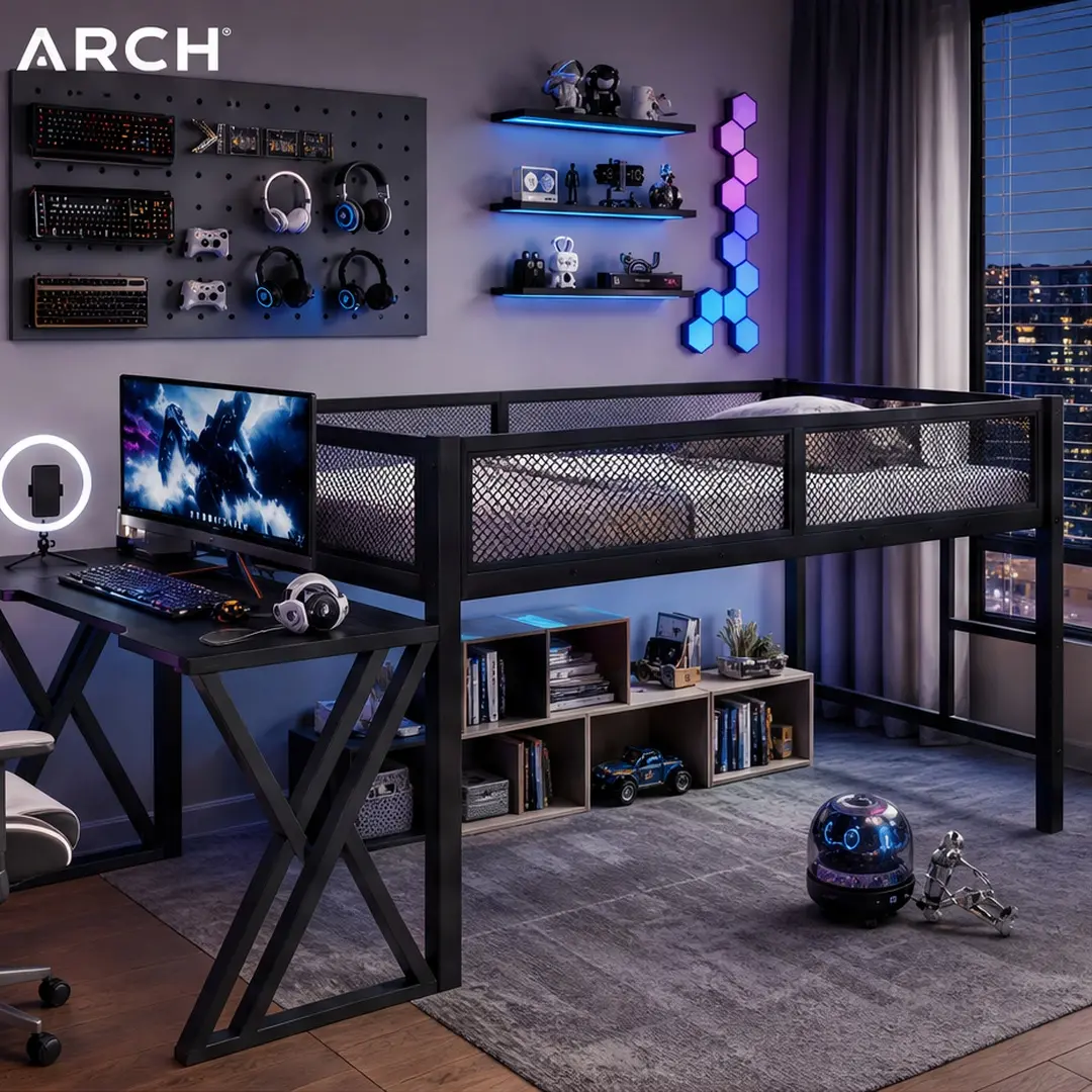 Twin XL Full Gaming Loft Bed with Desk, LED Lights, USB Ports, Staircase & Mesh Guardrail, Black Metal Frame, Space-Saving Elevated Bed for Dorm Bedroom Gaming Setup, Multiple Size Options, Full/Twin XL Size Options, Black Color Options