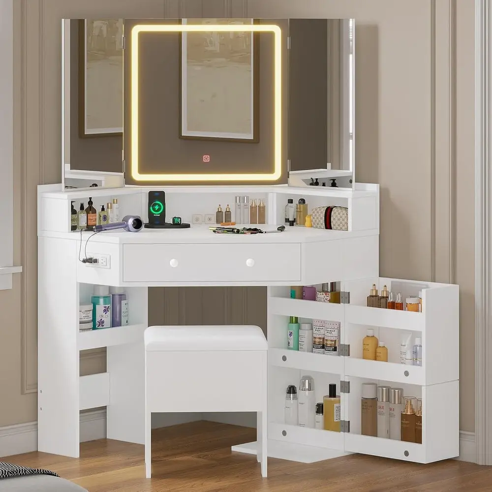 [SummerSale] SIKAIC Corner Vanity with Tri-Fold Mirror & Cushioned Storage Stool, Vanity Desk with Mirror and Lights, Makeup Vanity with Charging Station, Makeup Table with Drawers, Shelves, White, Women and Girls, Home Furniture, Best Gift Ideas