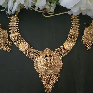 Premium Brass Temple Mossoinite Necklace and Earrings Set for Women with Intricate Design and Durable Craftsmanship