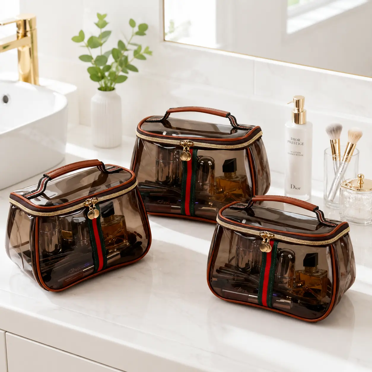 【Buy 2 get 1 free】Vintage Wide Handle Makeup Bag: Large Capacity, Waterproof Transparent | Luxury Cosmetic/Toiletries Storage Gift