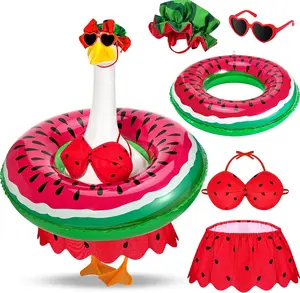 Hawaii-Themed Porch Goose Outfit — Summer Bikini Swimwear (Includes Hat, Sunglasses, and Swim Ring) — DIY Accessory Designed for 23-Inch Goose Statues — Suitable for Concrete Yard Decor (Watermelon Style) — Goose Statue Not Included