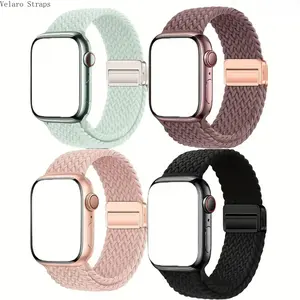 4-Pack Magnetic Buckle Braided Nylon Apple Watch Bands, Elastic Sport Loops Compatible with 38–49mm Series 1–10/SE/Ultra