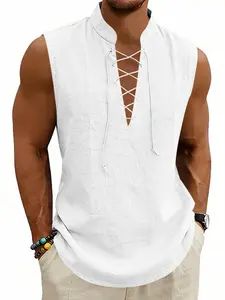 Men's Viking Medieval Drawstring Linen Vest, Unique Drawstring Feature, Plain Breathable Sleeveless Top, Casual Fitted Style, Summer Fashion, No Zipper or Collar