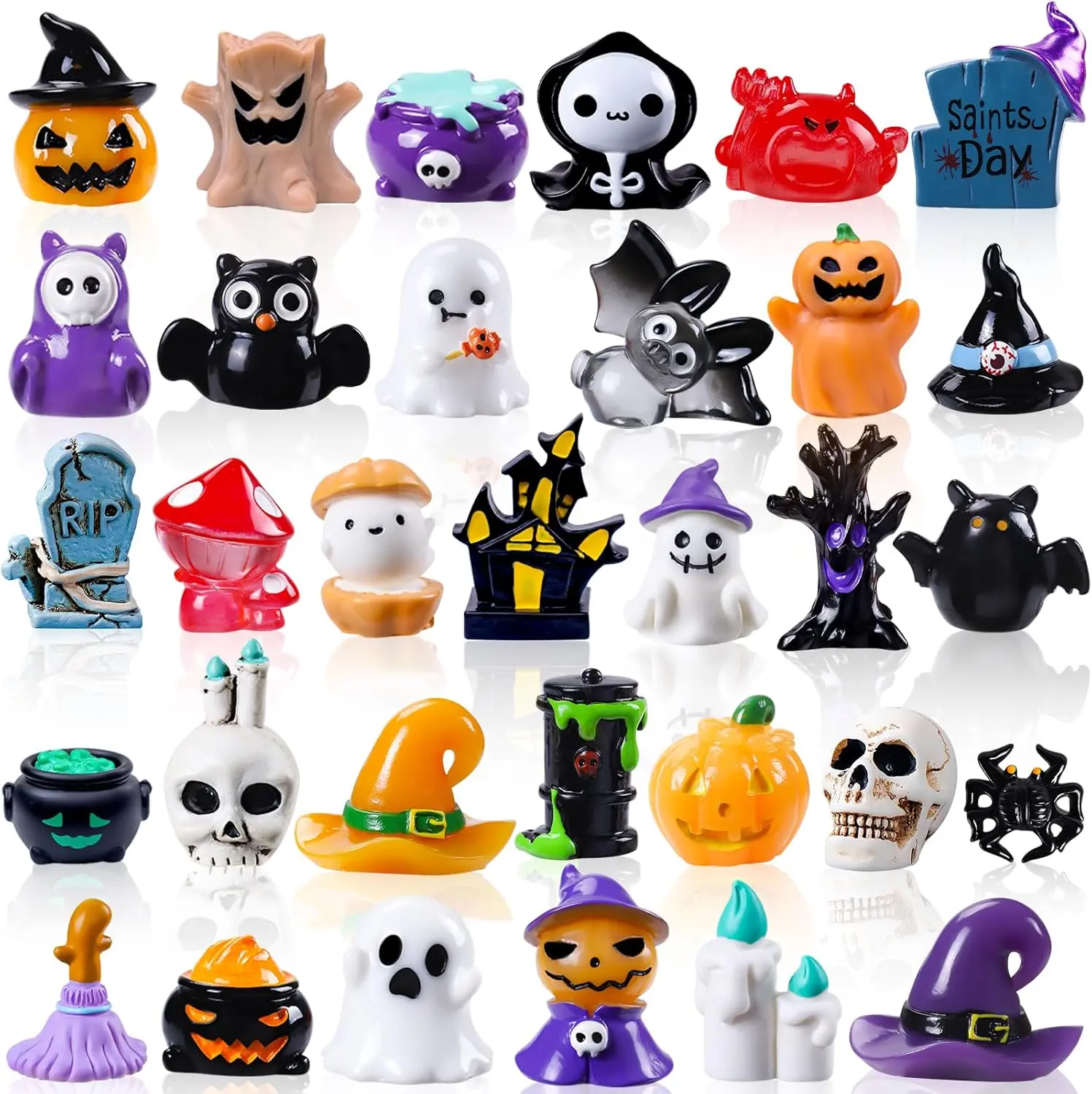 Cozy Fall Gifts 32pcs Halloween Mini Resin Figures 32 Styles Tiny Resin Animals Little Small Figures to Hide Pumpkin Ghost Skull Miniatures Bulk for Halloween Party Favors Bag Fillers Garden Dollhouse Decor