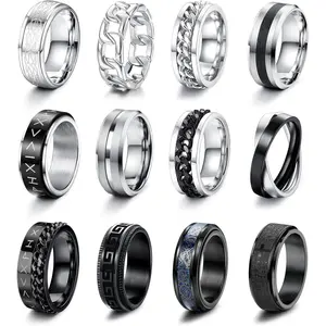 Fansilver 12 count Stainless Steel Band Rings for Men Women Fidget Spinning Chain Ring Fidget Ring  for Men Fashion Simple Wedding Engagement Black Ring Set Size 7-13