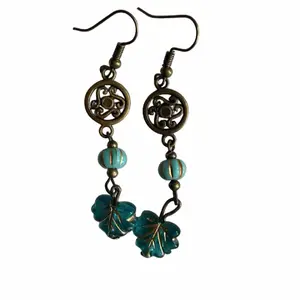 Handmade Antique Bronze Tone Teal Acrylic Leaf Drop Earrings Boho Whimsigoth Dangle