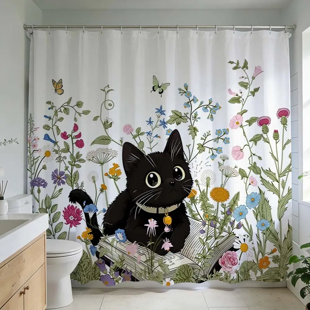 1 Pc cat and floral, Cute shower curtain for a bathroom upgrade vibrant botanical print for a nature-inspired bathroom revamp playful design to enhance bathroom aesthetics ideal for animal lovers seeking unique bathroom decor Flower Shower Curtain