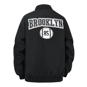 Fashionable men's flying jacket: classic silhouette paired with New York letter print and Brooklyn 85 pattern - a sleek jacket that adds a retro sporty style to any outfit Windproof Outerwear Casual Black Long Sleeve jackets