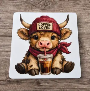 Coffee Lover Metal 3x3 Magnet with Adorable Cow Design and Coffee Cup Accessory