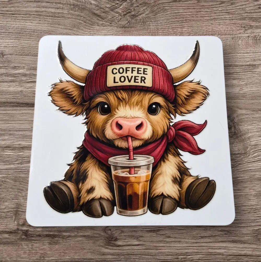 Coffee Lover Metal 3x3 Magnet with Adorable Cow Design and Coffee Cup Accessory