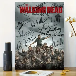 2D Flat, 1pc The Walking Dead TV Show Canvas Poster - Official Zombie Battle Scene Wall Art with Character Autographs ,  Decor for Fans -  - Perfect for Living Room, Bedroom, Office - Ideal Gift for TWD Supporters