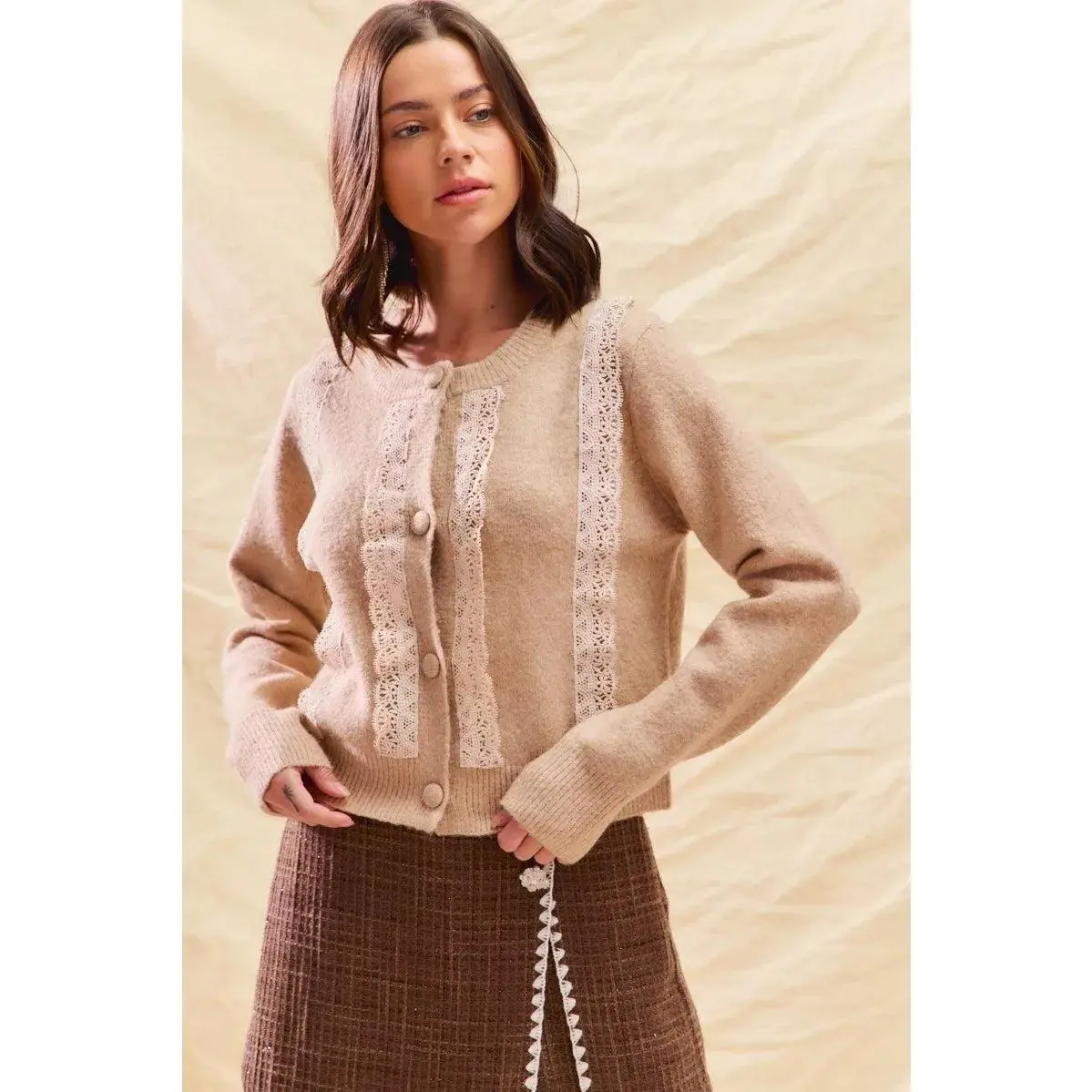 SO ME Front Lace Trim Button Cardigan Sweater