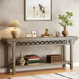 LITTLE TREE 70.8-Inch Solid Wood Long Console Table, Farmhouse Entryway Table with Storage, Narrow Sofa Table Grey Couch Table for Living Room Entryway Hallway