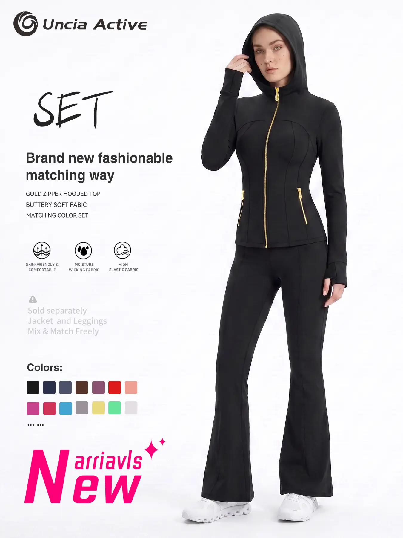 Women Gold-Color Zipper Hooded Workout Set, Buttery Soft Athletic Jacket & Flare Leggings, 2 Piece Yoga Outfit, Slim Fit Track Suit, High Stretch Gym Activewear, Moisture Wicking Sportswear, Matching Fitness Sets For Daily Jogging Pilates, Mix &