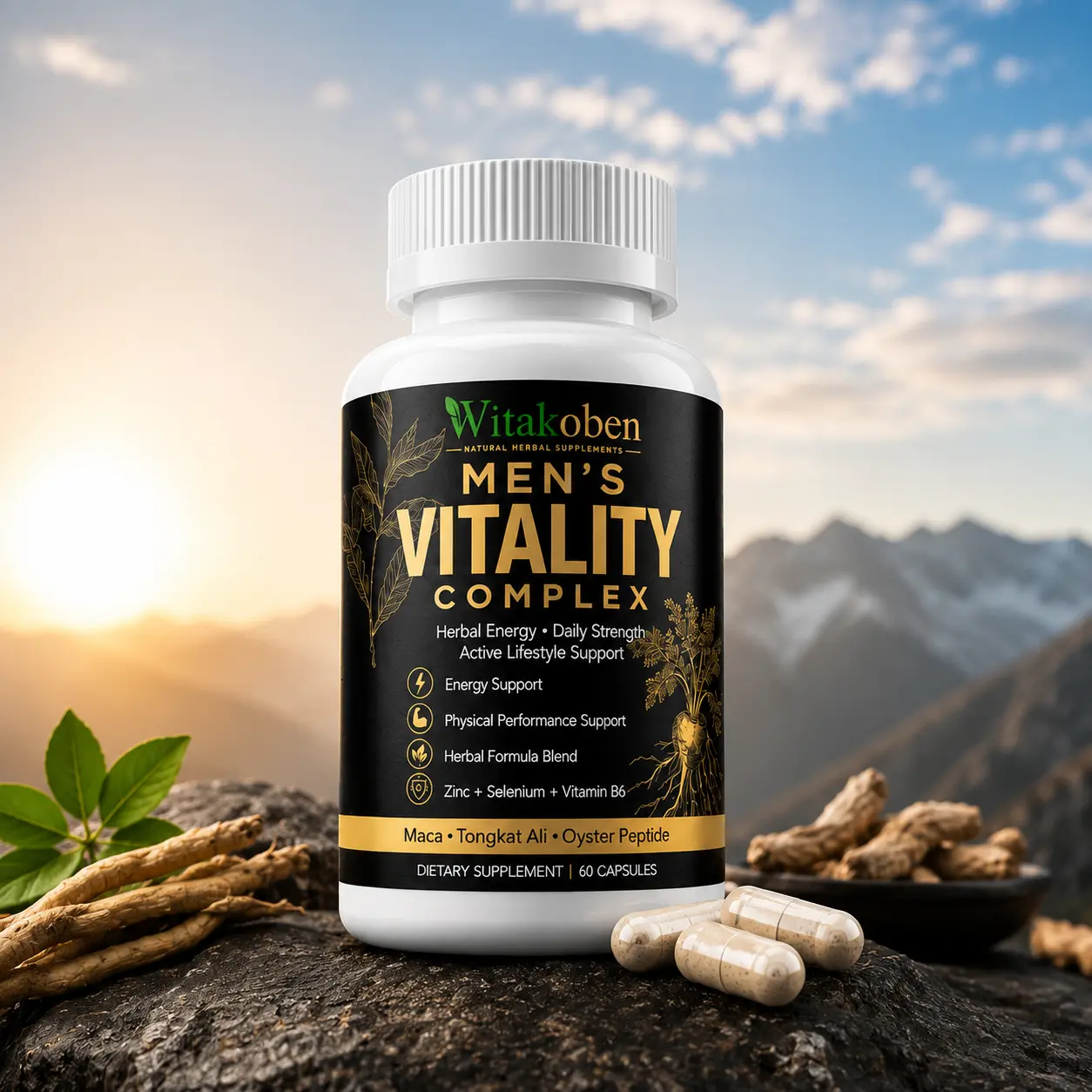 Men’s Daily Vitality Supplement with Maca Root, Tongkat Ali, Oyster Peptide, Zinc, Selenium and Vitamin B6, Energy and Active Lifestyle Support, 60 Capsules Man Dietary Edible Fitness Optimum