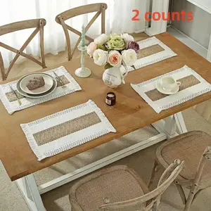 Boho Style Table Mats Kitchen Decorative Placemat Set of 2, Natural Cotton Linen Fabric, Farmhouse Decor for Dining Room Kitchen Restaurant Party Iftar Mubarak