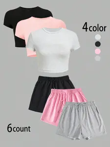 Women's Solid Crop Tee & Skinny Shorts & Shorts Set, Casual Comfy Round Neck Short Sleeve T-shirt & High Waist Shorts & Skinny Shorts, Ladies Summer Clothes, Knitted Shorts Set, Womenswear