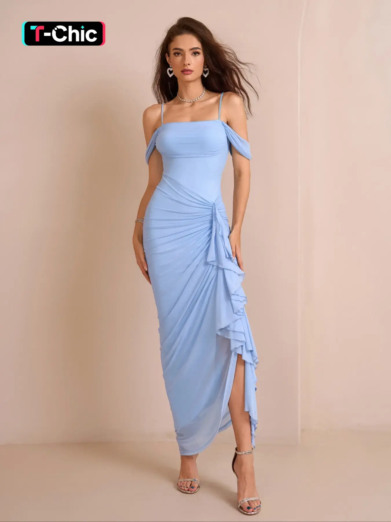 Parthea Square Neck Backless Shoulder Ruffle Mesh Side Irregular Hem Strap Tight Fit Dress, Womenswear Summer Elegant Fashion Comfortable Dress