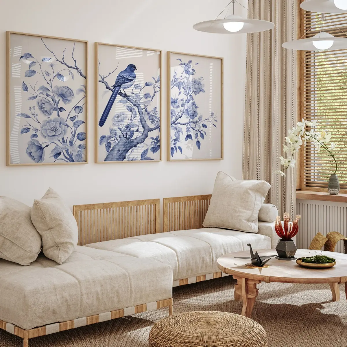 Blue Chinoiserie Set of 3 Prints, Chinoiserie Wall Art, Vintage Blue Floral Print, Chinoiserie Wall Decor, Triptych Wall Art, UNFRAMED