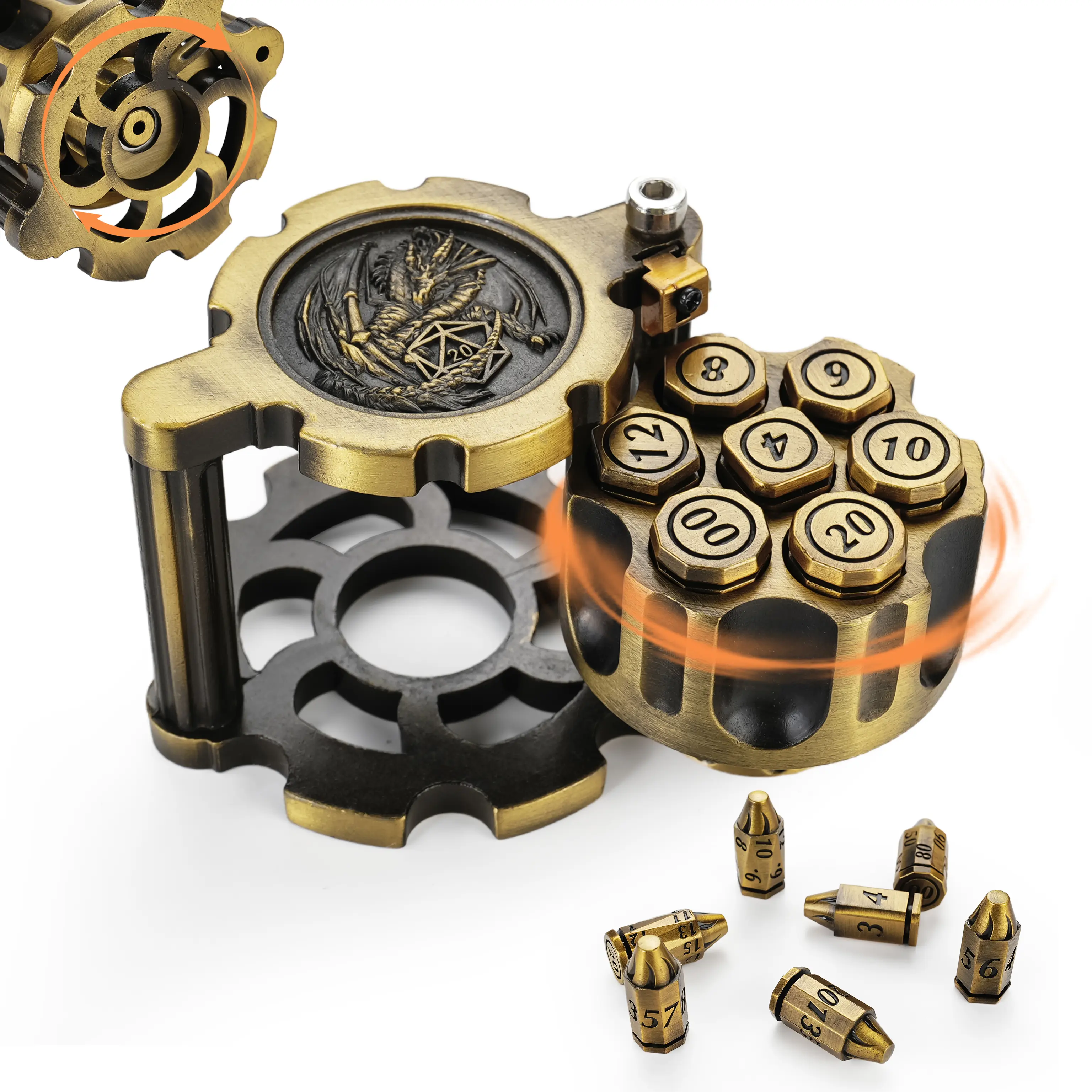 Metal Revolver Dice Set, Heavy Zinc Alloy Rotating Bullet Cylinder DND Dice, 7Pcs RPG Dice Set with Mechanical Spinner Design for Dungeons & Dragons Pathfinder Warhammer 40K Tabletop Games, Collector Gift & EDC Fidget Toy Spinning Chamber