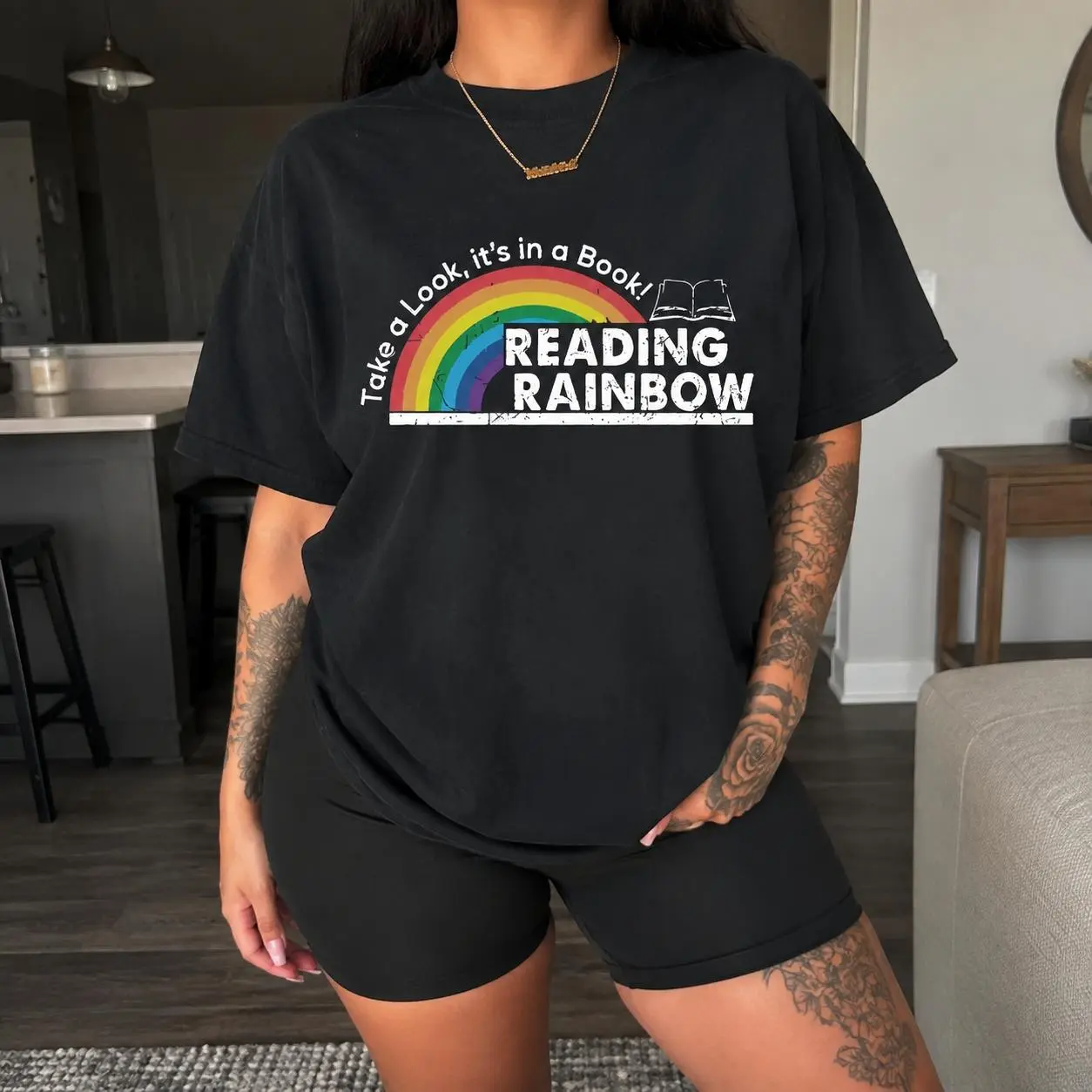 Women's Reading Rainbow Book Statement Print Oversize Cotton T-Shirt - Relaxed Fit, Soft Fabric, Crew Neck, Lightweight Streetwear for Book Lovers Summer Daily Wear