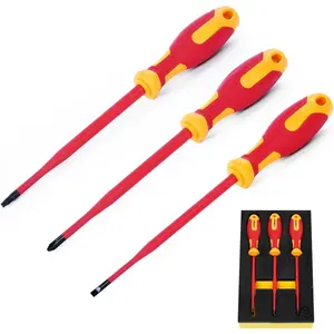 3 count Insulated Screwdrivers Set, 1000V Insulated Electrician Square Slotted and Phillips Slim  Set with  Tips, VDE Certified