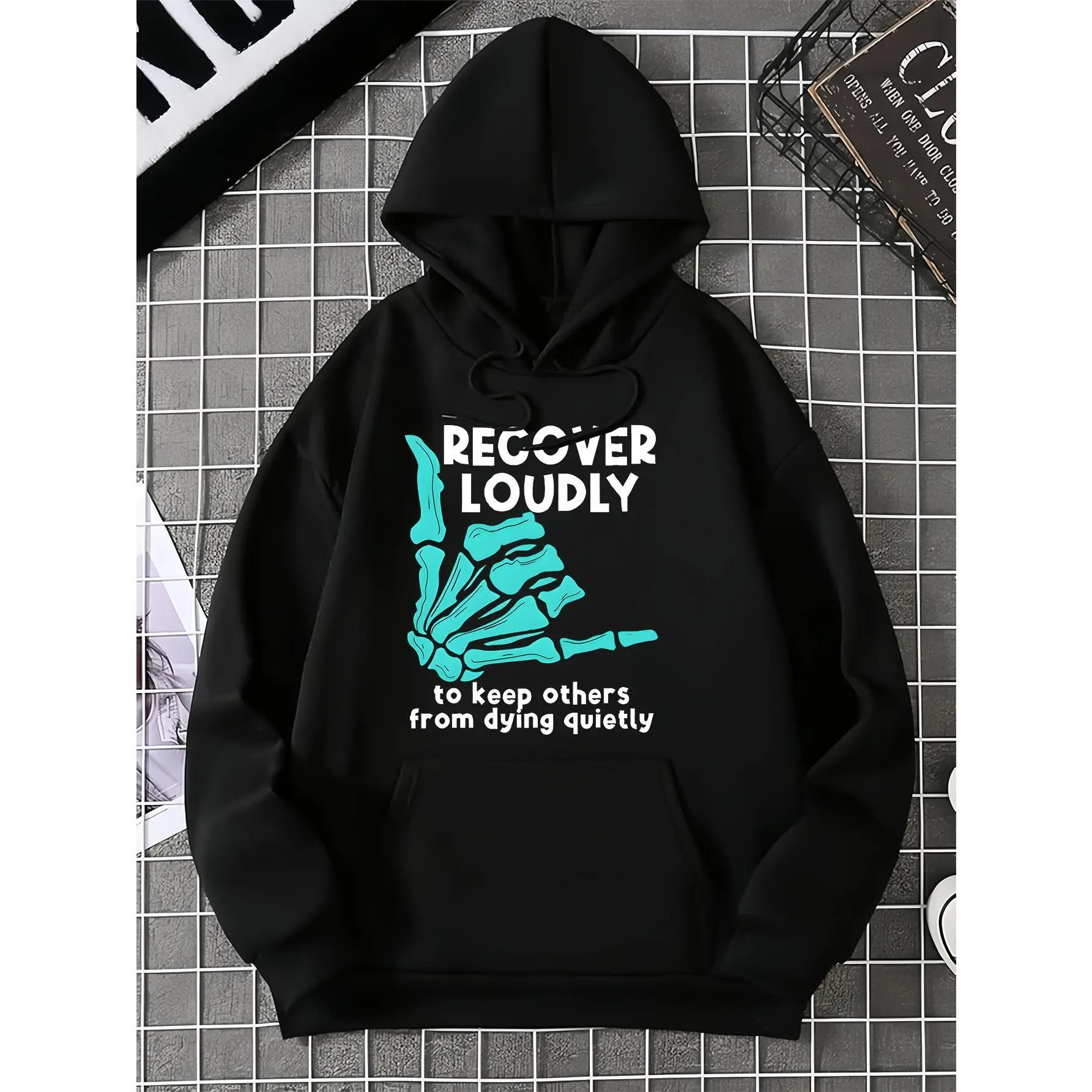 Men's Oversized Loose "Recover Loudly" Graphic Hoodie - Soft Cotton-Polyester Blend Long Sleeve Motivational Pullover, Casual Streetwear Skeleton Hand Sweatshirt, Refer to Size Chart, Trend, Baggy, Tops, Fabric
