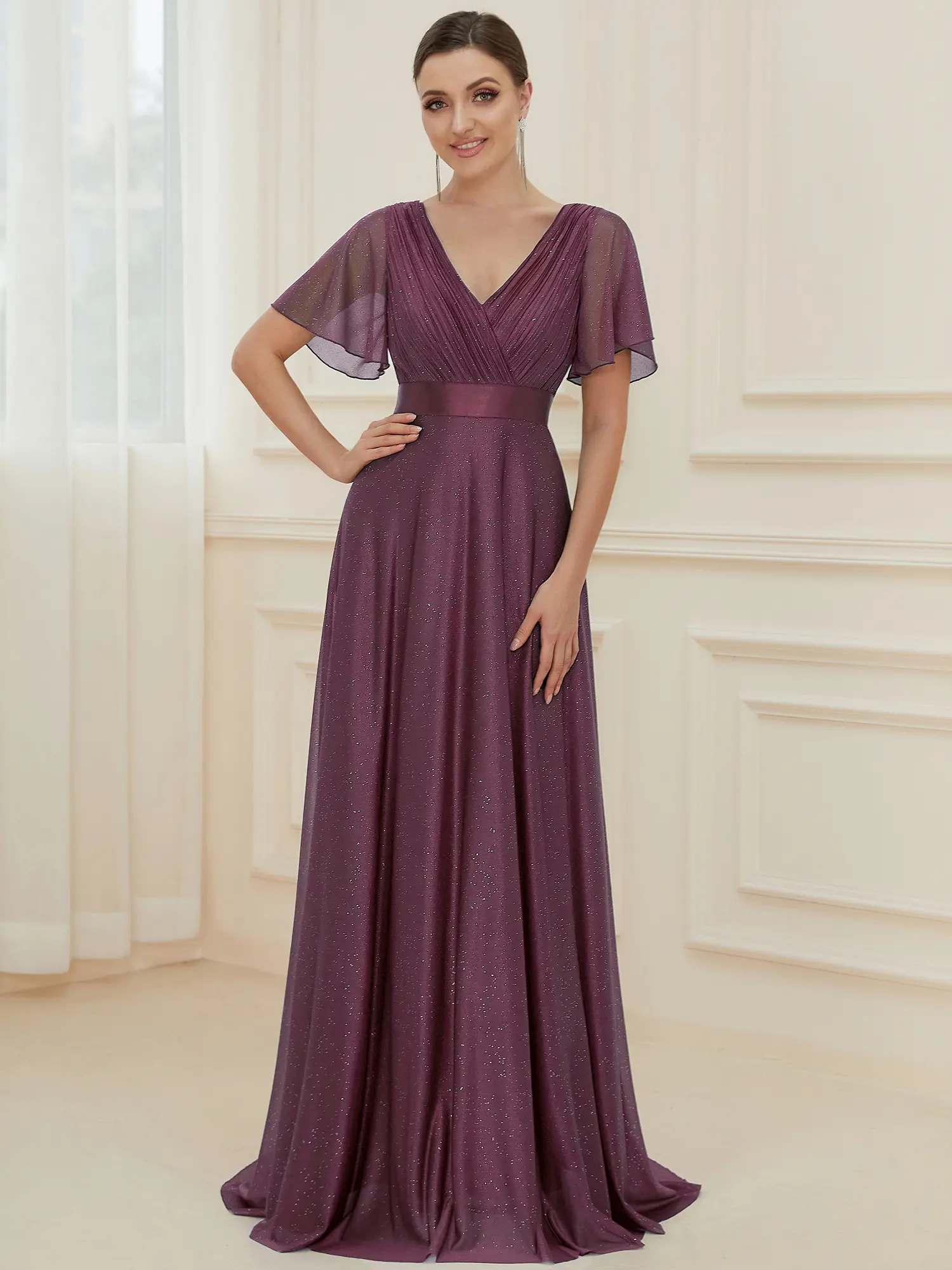 green emerald velvet dress Purple A Line Beaded Short Sleeves Long Prom Dresses PL491 main image 0