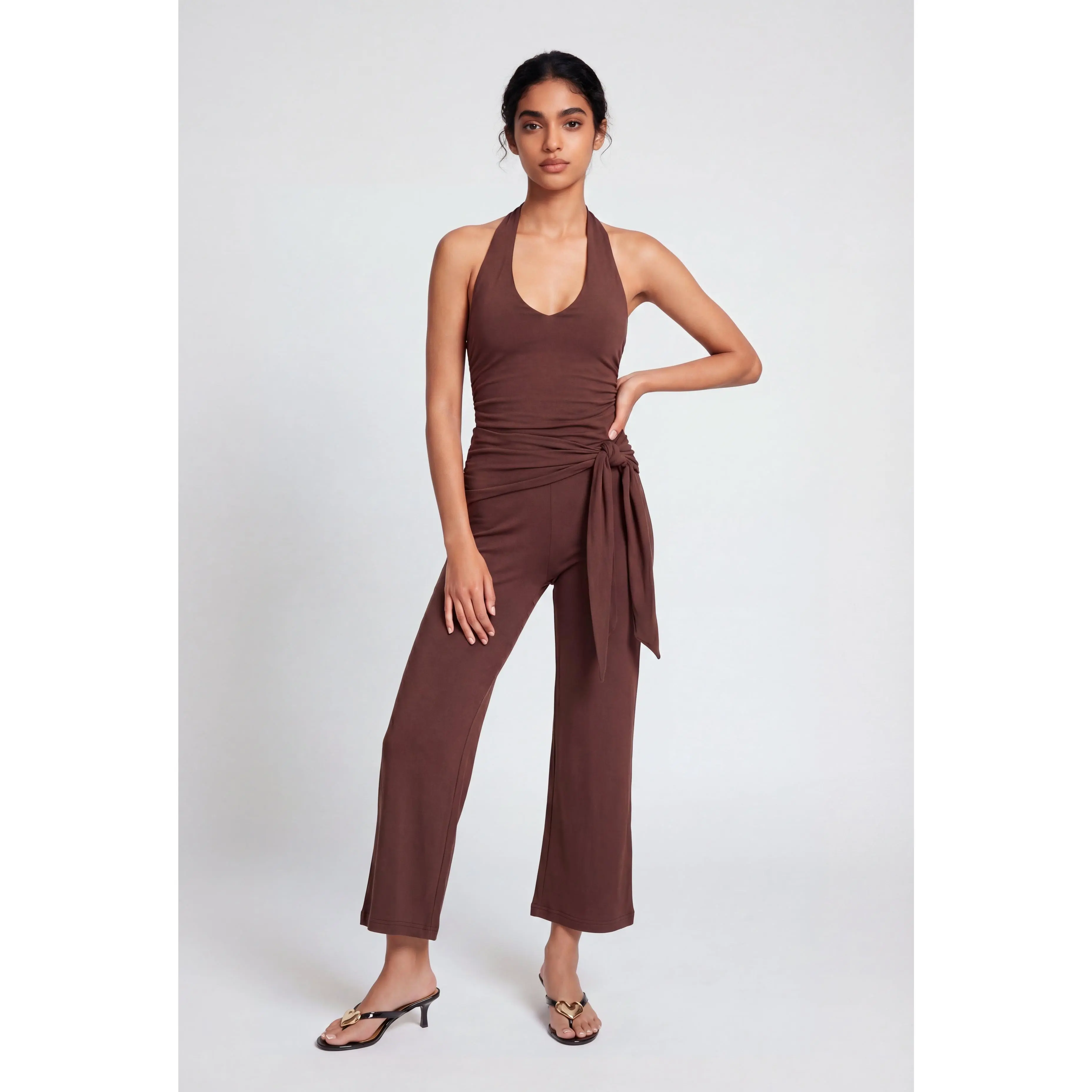 Side Ruched Halter Tie Back Wide Leg Jumpsuit