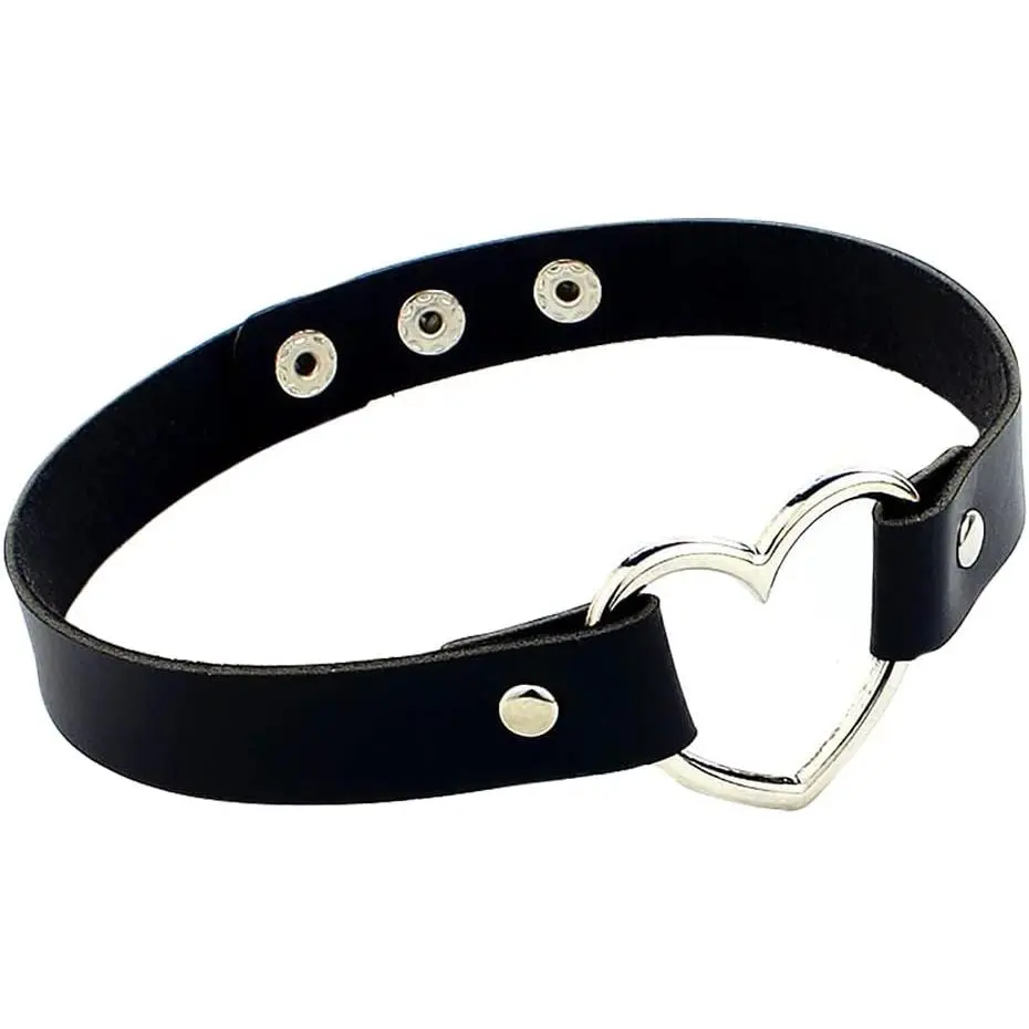 Heart Leather Choker Punk Necklace Goth Soft PU  for Women Men Girls Adjustable