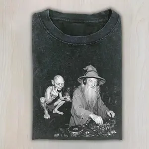 Gandalf DJ Gollum Rave Meme T-Shirt, Epic Fantasy Club Night Parody From The Lord Of The Rings, Funny Mashup Graphic Tee For LOTR Fans Music Lovers, Unisex Cotton Crewneck T-Shirt Menswear Womenswear Streetwear Top