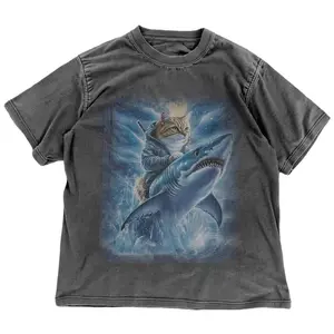Funny Cat Riding Shark T-shirt - Vintage Night Forest Graphic Shirt - Funny Cat Warrior Ocean Graphic Tee - Animal Fantasy Gift 100% cotton Menswear