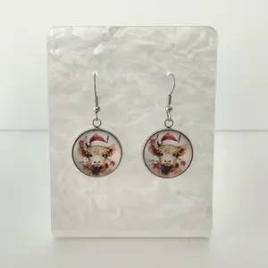 #554 Highland Cow with Santa Hat & Red Poinsettia Flowers Earrings - Stainless Steel Hooks - Casual Christmas Animal Jewelry