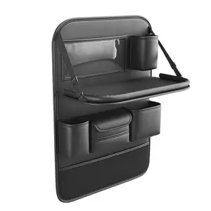 1/2 Pack Leather Car Backseat Organizer with Foldable Table Tray, Universal Car Seat Back Protector Kick Mat with Touchscreen Tablet Holder, Storage Pockets, Cup Holders & Tissue Holder, Black
