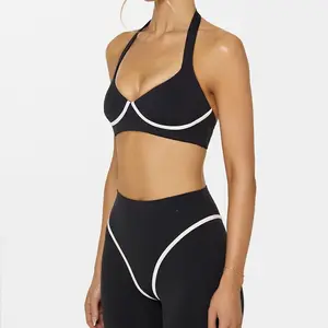 Halter neck color-blocked backless yoga set, supportive and shockproof, can be worn outside, sports top with a naked feel and breathable design