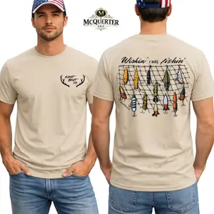 Fishing Shirt, Vintage Fishing Lure Graphic Tee, Wishin I Was Fishin Back Print, Angler Gift Apparel for Lake Fishing Men and Women.